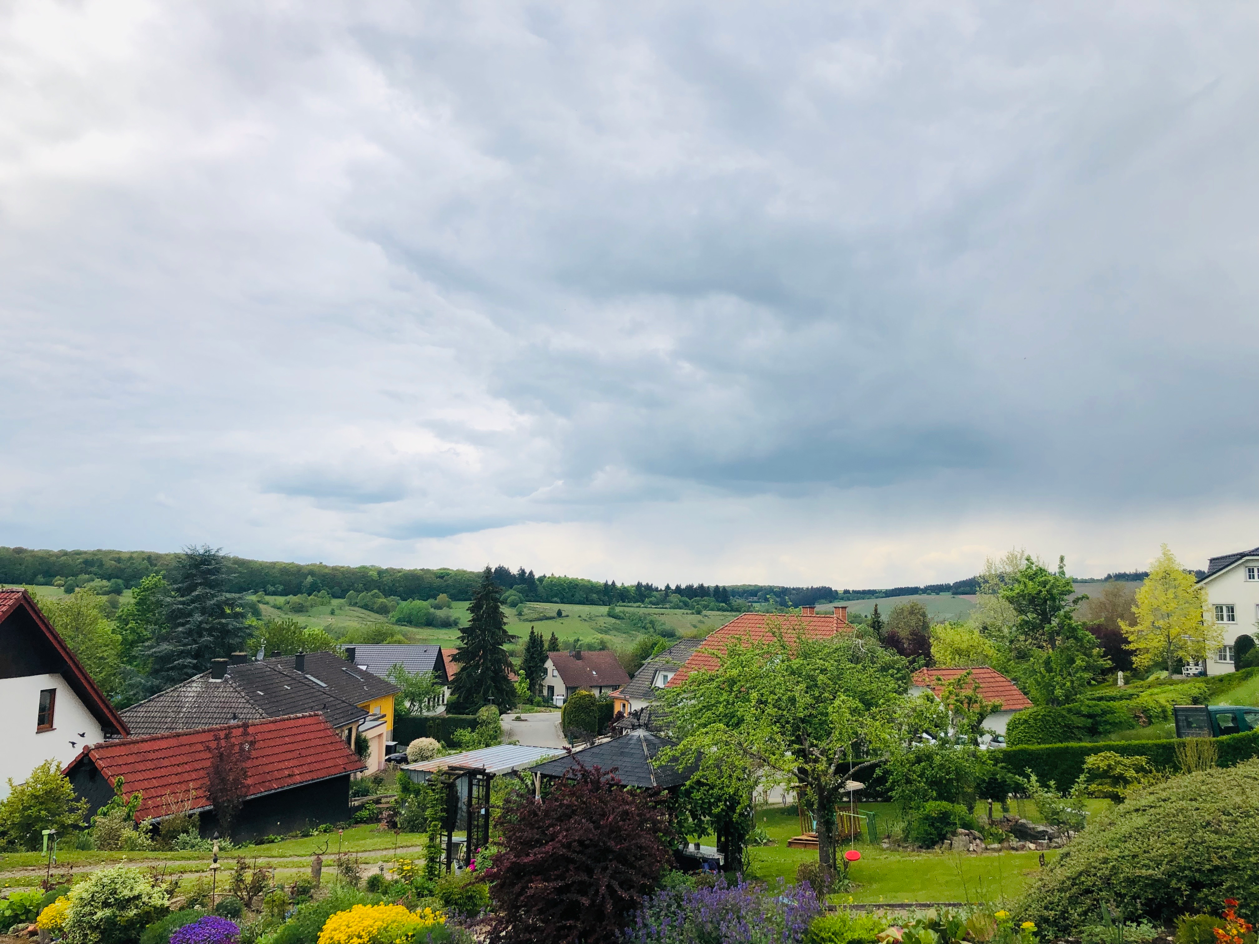 A quaint village scene under an overcast sky. The foreground features colorful gardens with vibrant flowers, small trees, and bushes, surrounded by houses with red-tiled and dark roofs. In the background, a lush green forest and rolling hills stretch across the horizon, creating a serene countryside atmosphere.